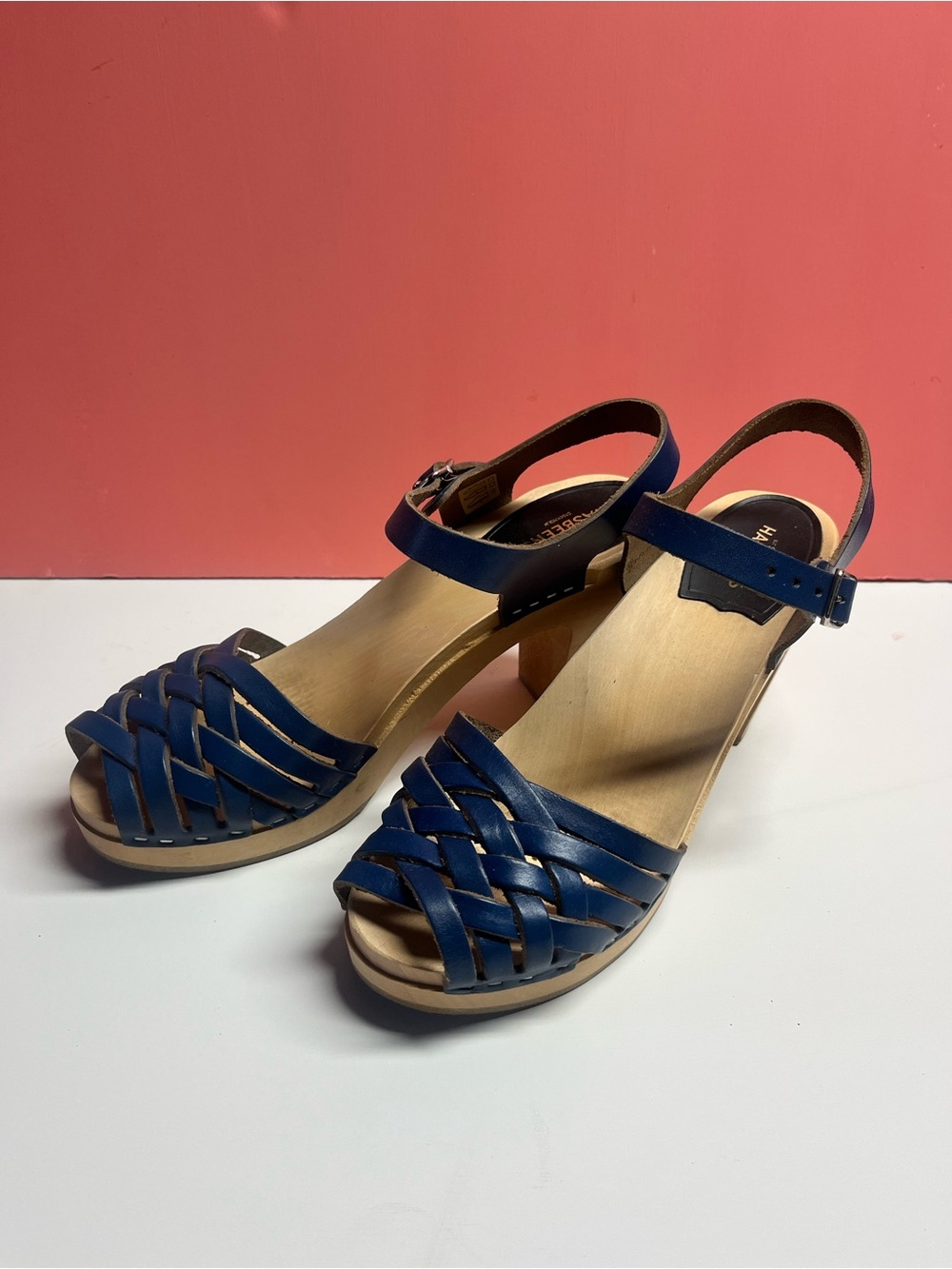 Swedish Hasbeens Navy Blue Braided Leather Slingback Heels